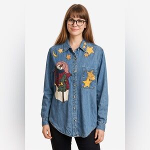 Vintage Folk Art Denim Shirt Snowman Appliqué Celestial Stars Moon
